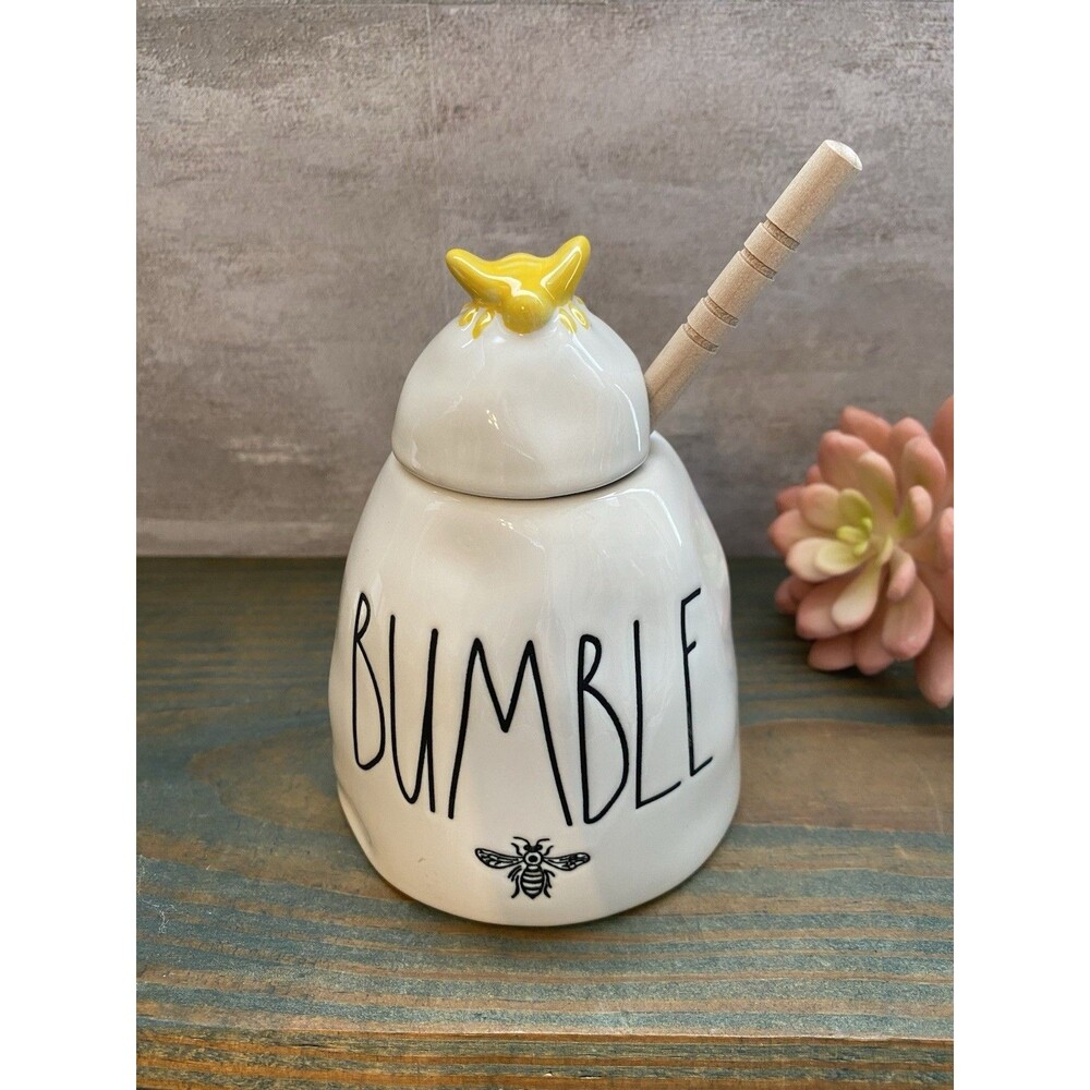 Rae Dunn ‘BUMBLE’ Bee Honey Pot Ceramic Ivory w/ Yellow Bee Lid & Wood Dipper